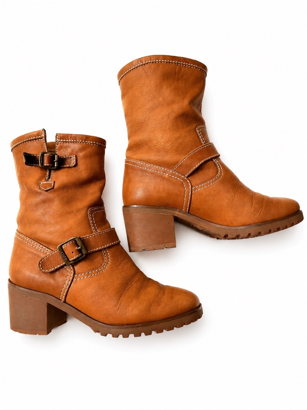 Michael Kors Cognac Leather Moto Ankle Boots | Block Heel | Buckle Detail